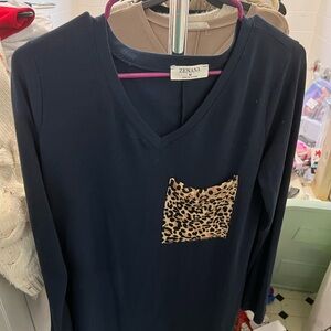 Zenana Navy Top with Leopard Pocket
